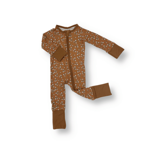 Brown baby romper with a delicate floral print, featuring a zipper closure and fold-over cuffs for hands and feet, designed for comfort and style.