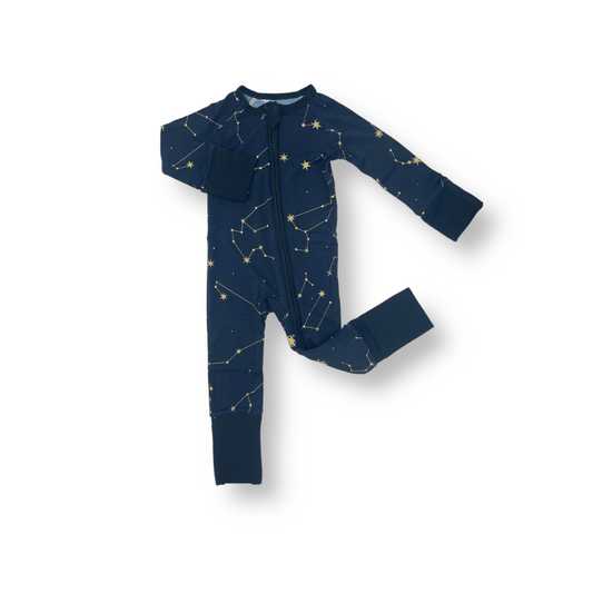 Navy blue baby romper with constellation print, made from soft Modal fabric, featuring fold-over cuffs for hands and feet, designed for newborn comfort and style.