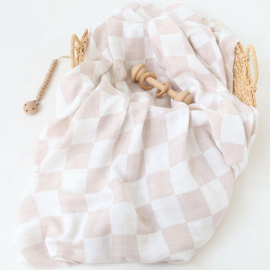 Stellamoon Multi-Use Bamboo Swaddle in Beige Checkers design, made of 70% bamboo and 30% cotton, measuring 47x47 inches.