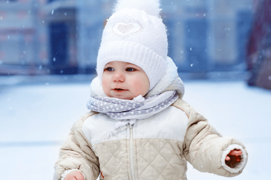 Baby dressed in warm winter layers with knit hat and coat for cold weather
