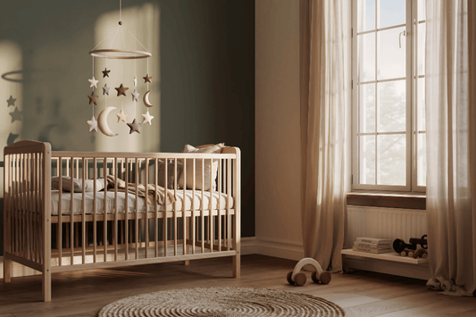 Soft neutral nursery design with crib, warm natural light, and calming decor elements