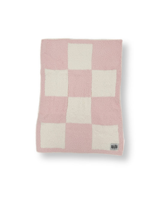 StellaMoon's Luxe Checkered Mini Baby Blanket in Baby Pink laid out, highlighting its checkered design, plush texture, and perfect mini dimensions.