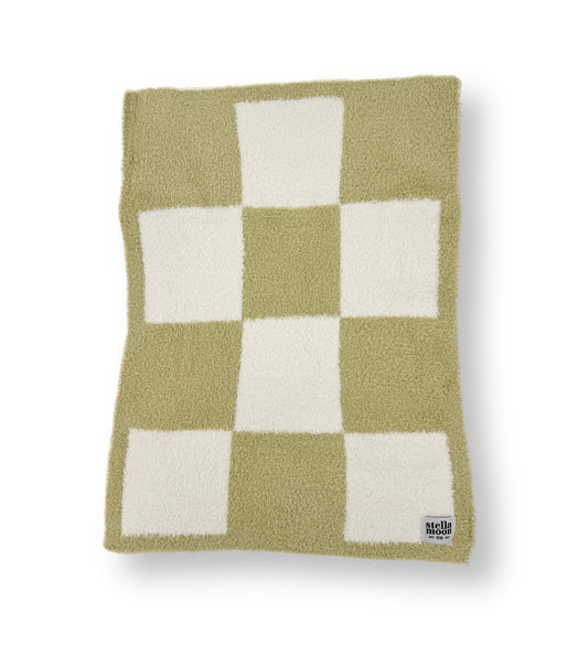 Elegant product shot of StellaMoon's Luxe Checkered Mini Baby Blanket in Matcha, displaying its detailed checkered pattern and highlighting the soft texture. Perfect for on-the-go coziness.