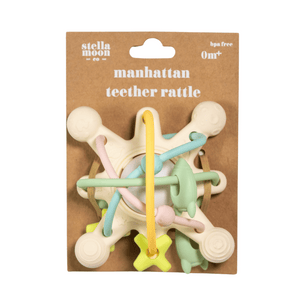 Isolated image of Manhattan Teether Rattle in Neutral, showcasing a unique space-inspired design with multiple textures and soothing colors, safe for babies.