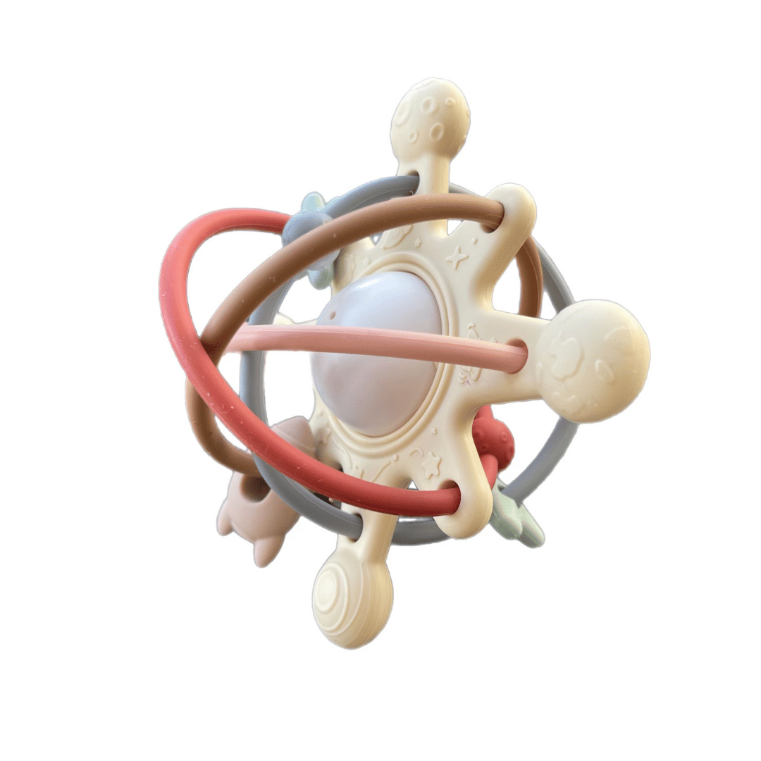 Manhattan Teether Rattle in pastel colors, designed for sensory development and safe teething, BPA free.