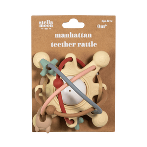 Packaged Manhattan Teether Rattle in neutral tones, showcasing the BPA-free, newborn-friendly design for sensory and motor skill development