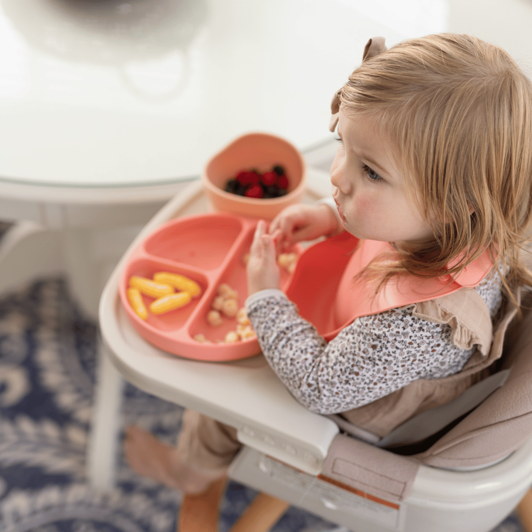 Toddler sitting in a high chair using the Stella Moon silicone suction plate in Sherbert. The child is wearing a matching silicone bib and eating independently, with a divided plate containing snacks. A cup of fresh berries is on the table, enhancing the mealtime experience.