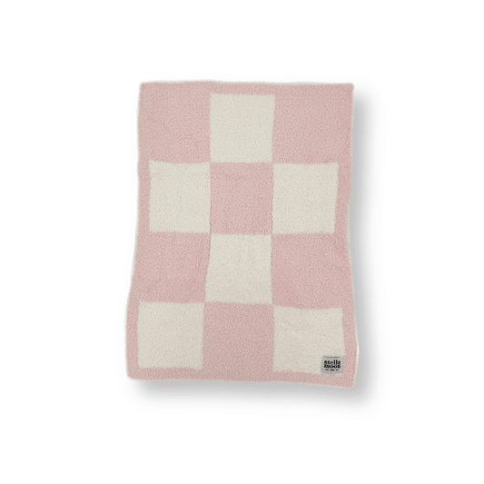 Soft pink checkered mini baby blanket made from plush polyester, perfect for newborns and toddlers, displayed flat for a clear view of the design.