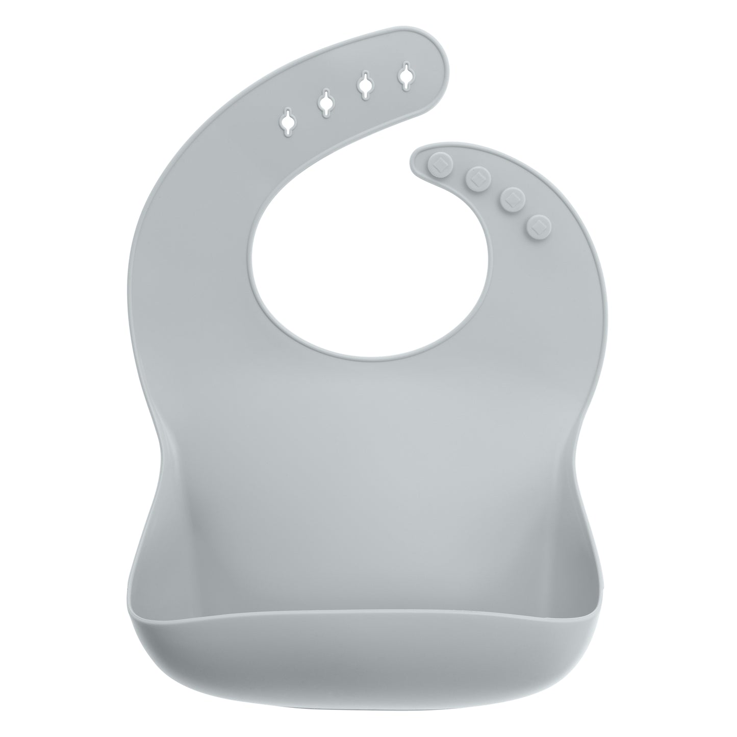 StellaMoon Silicone Baby Bib in a gentle cloud hue, laid flat emphasizing its minimalistic design, sizable food-catching pocket, and adjustable neck closures, portraying the blend of style and functionality of the bib.