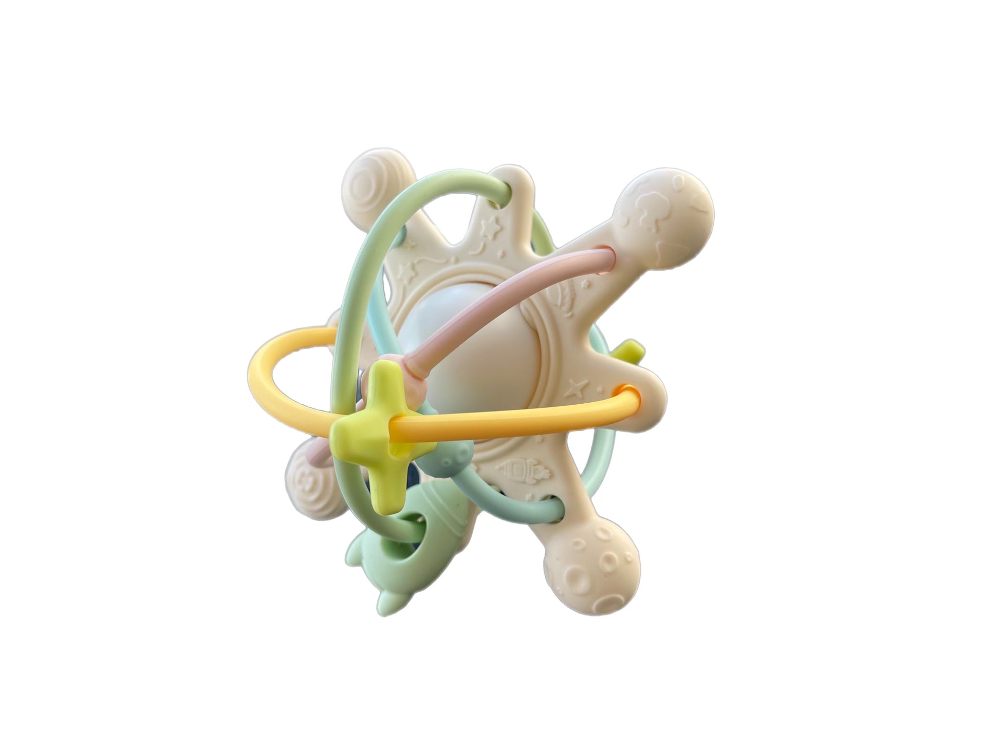 Close-up view of StellaMoon's Manhattan Teether Rattle in Pastels, showcasing the detailed textures and space-inspired loops.