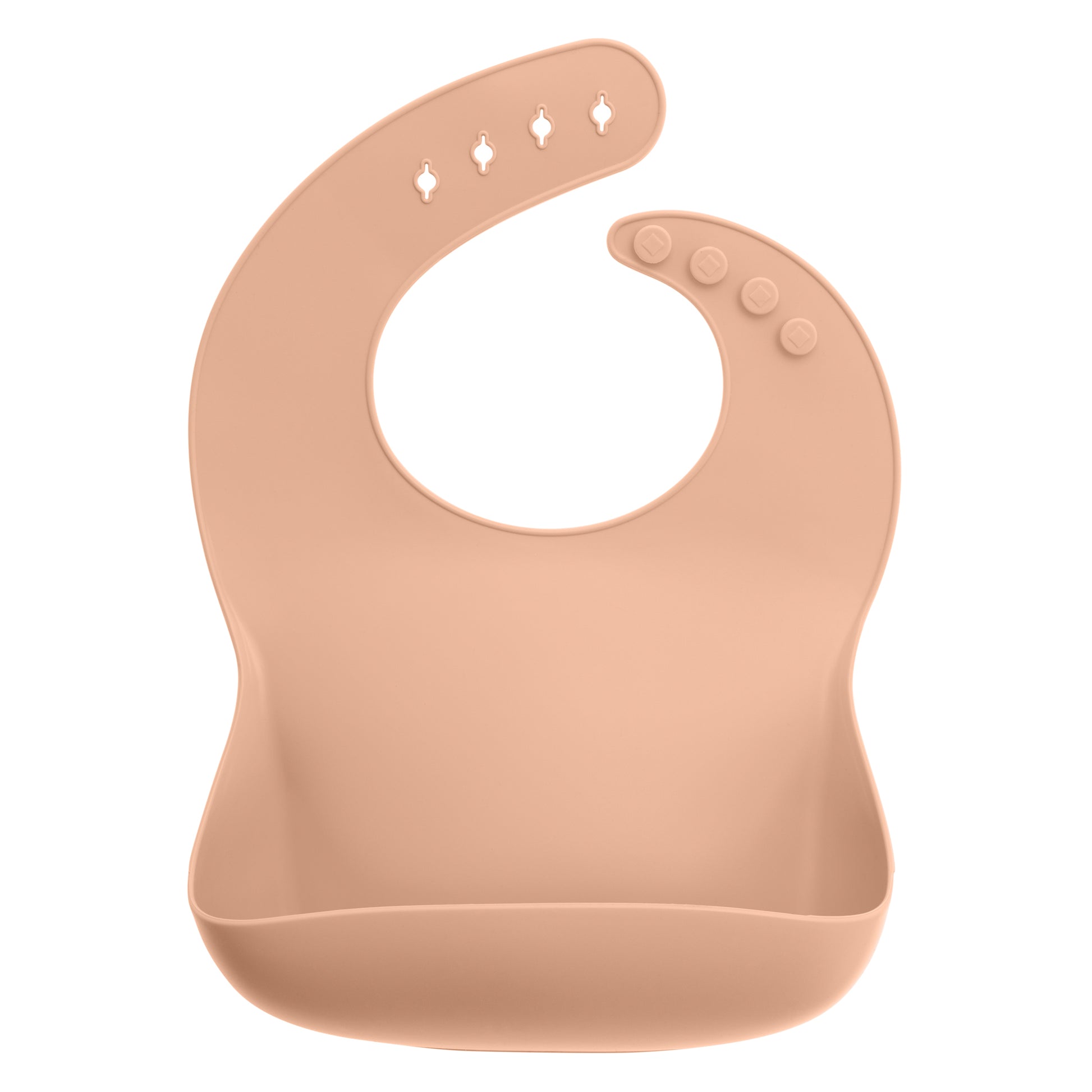 StellaMoon Silicone Baby Bib in a sophisticated nude shade, laid flat showcasing its sleek design, deep food-catching pocket, and adjustable back closures, highlighting the practical yet chic nature of the bib.