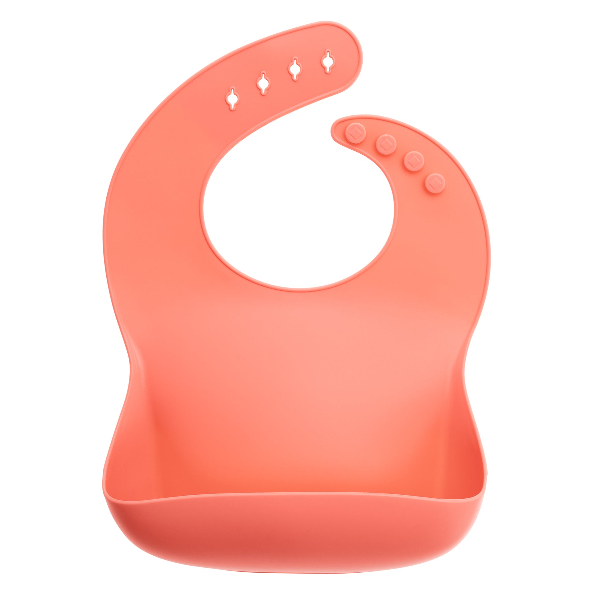 StellaMoon's Silicone Bib in vibrant Sherbert color, showcasing its ergonomic design, adjustable closure, and the BPA-free, non-toxic food-grade silicone material that ensures safety and style for baby feeding times.