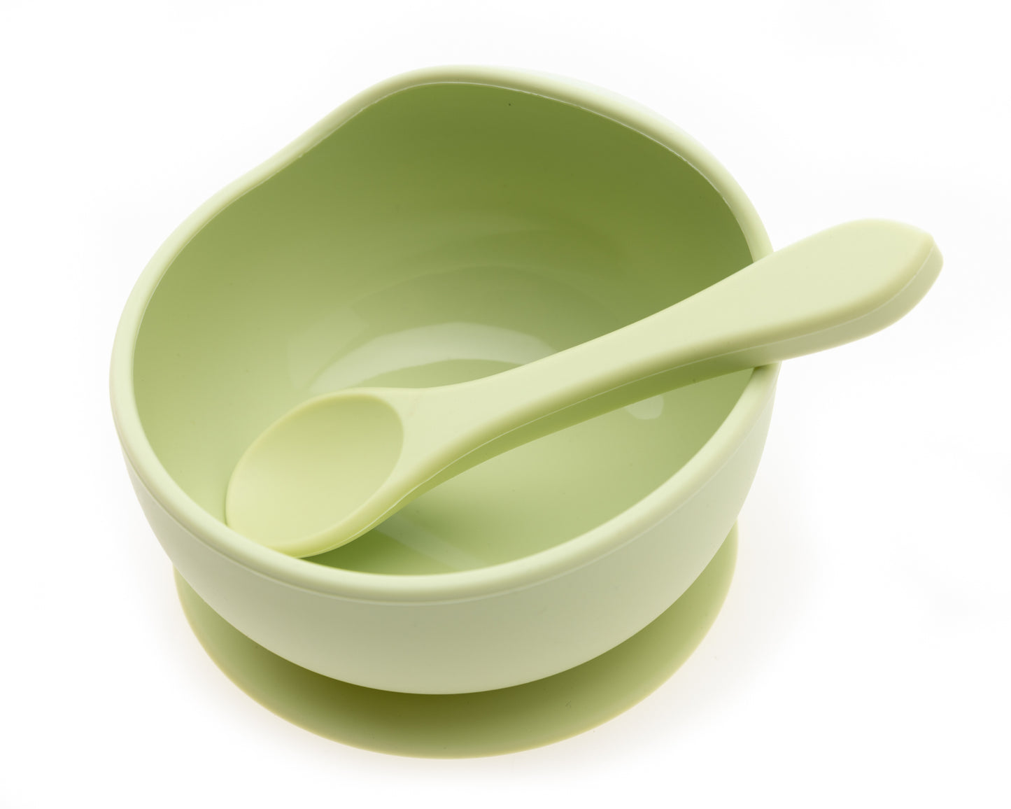 Close-up view of StellaMoon Silicone Suction Bowl in Spearmint, emphasizing its robust suction base for spill-free meals.