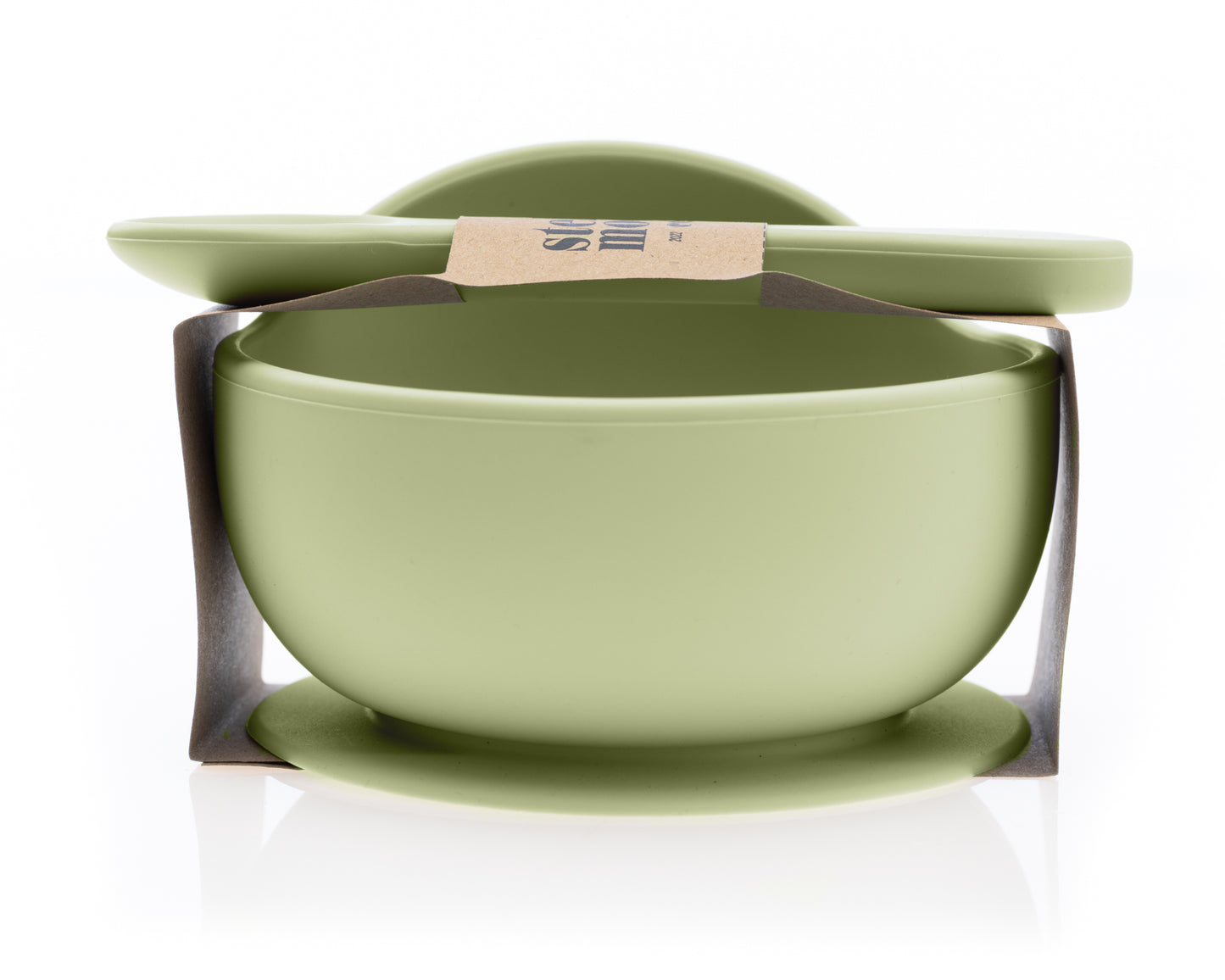 Angular view of StellaMoon Silicone Suction Bowl and Spoon Set in Spearmint, showcasing the bowl's generous capacity and the ergonomic design of the spoon.