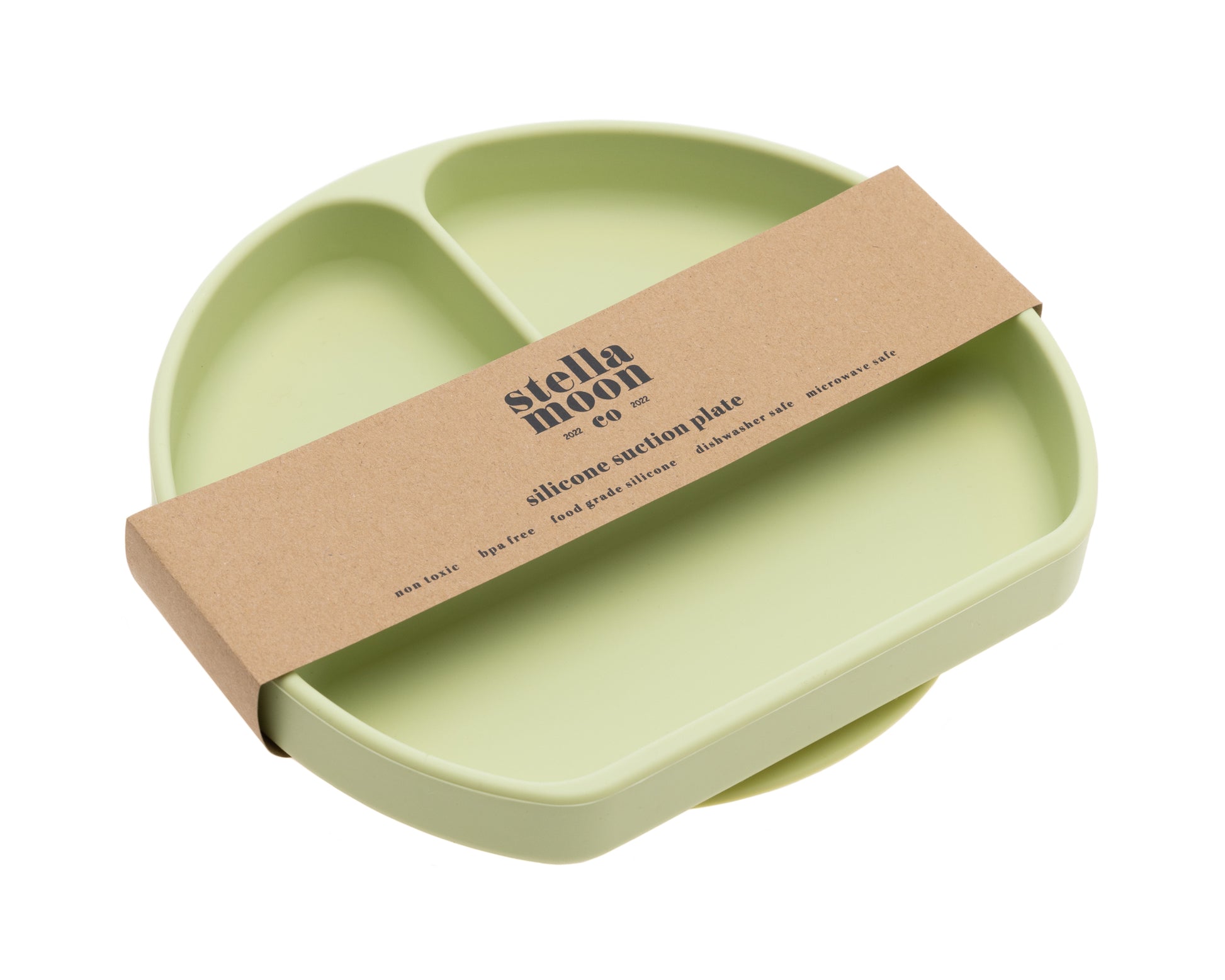 StellaMoon Silicone Suction Plate in Spearmint securely packaged, showcasing the plate's fresh color, brand details, and information about its spill-proof design, ready for a retail setting or online purchase.